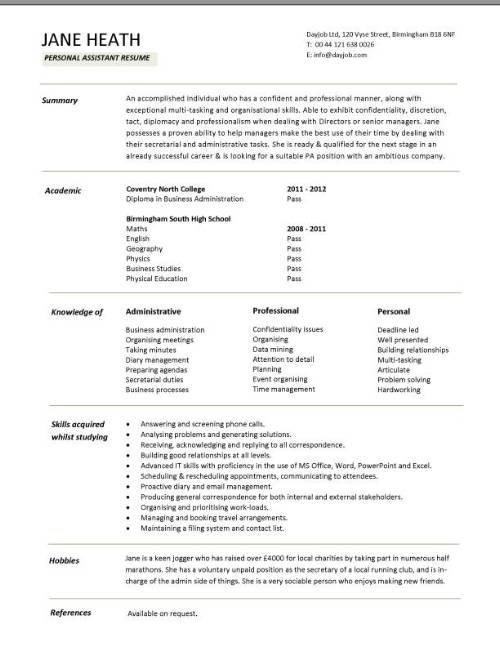example of cv of a student