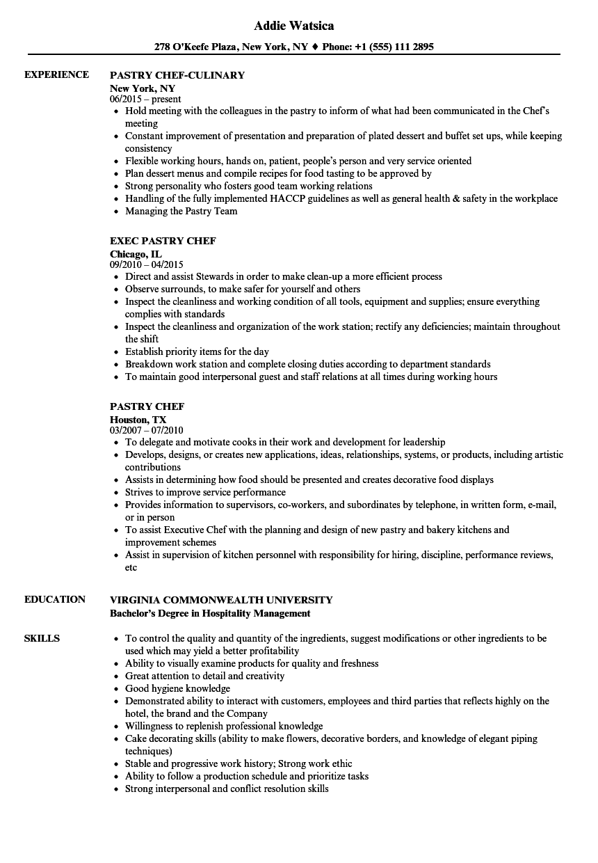 baking and pastry resume example