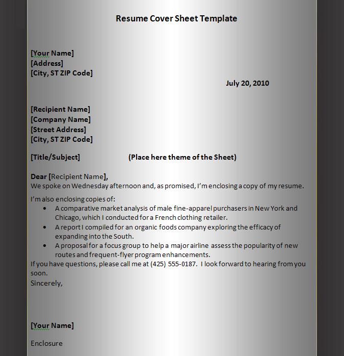 example of a resume cover page cover