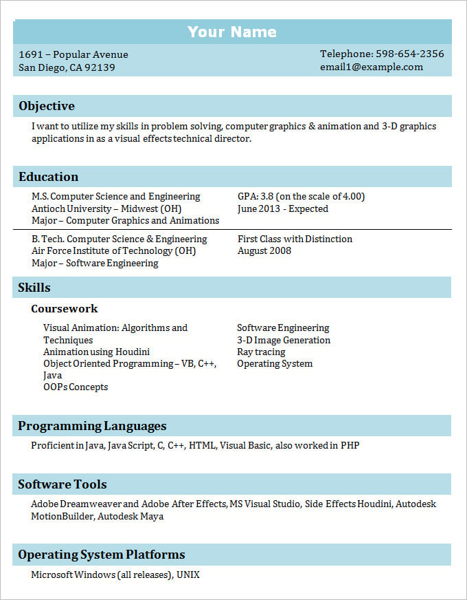 example of cv of a student