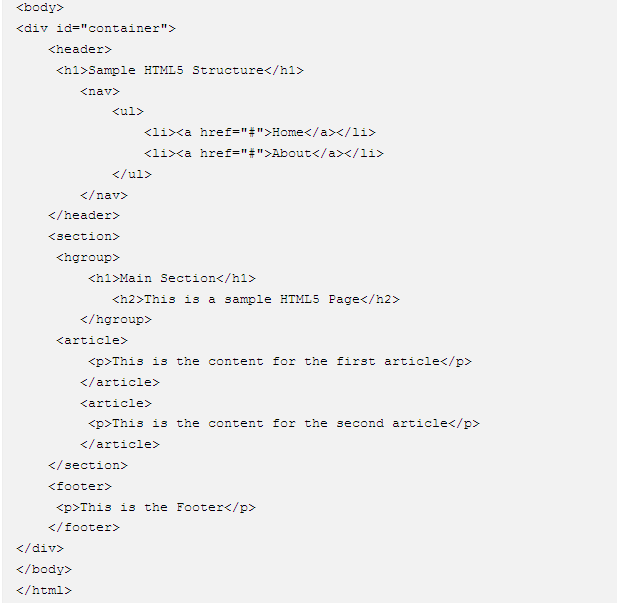 structore of html5 example semantic page